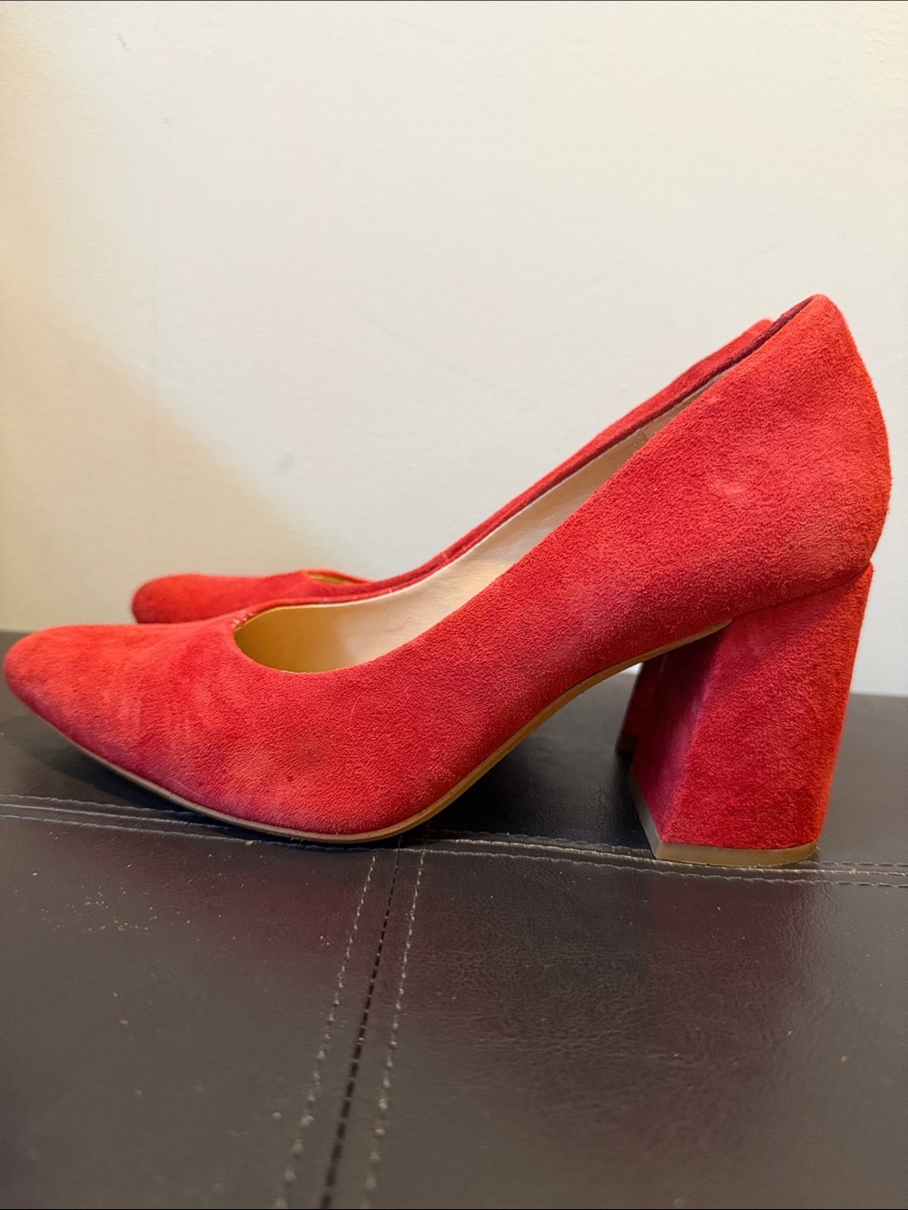 Clarks Red Suede Block Heel Pumps